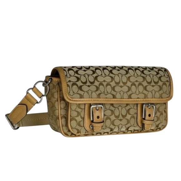 Coach Handbags - Coach Vintage Y2K Signature Jacquard Belt Bag Crossbody Tan Leather w Dust Bag